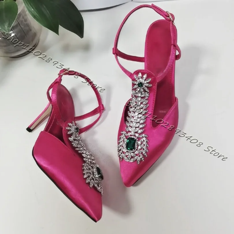 Rose Red Crystal Decor Silk Pumps Stiletto T-Strap Pointed Toe Slingback Pumps Retro Style Party Women Shoes Zapatos Para Mujere