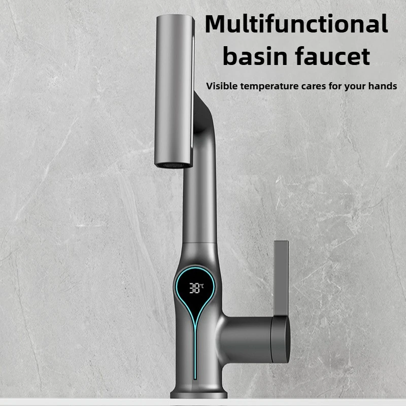 

Waterfall Temperature Digital Display Basin Faucet Lift Up Down Stream Sprayer Hot Cold Water Sink Mixer Wash Tap Bathroom