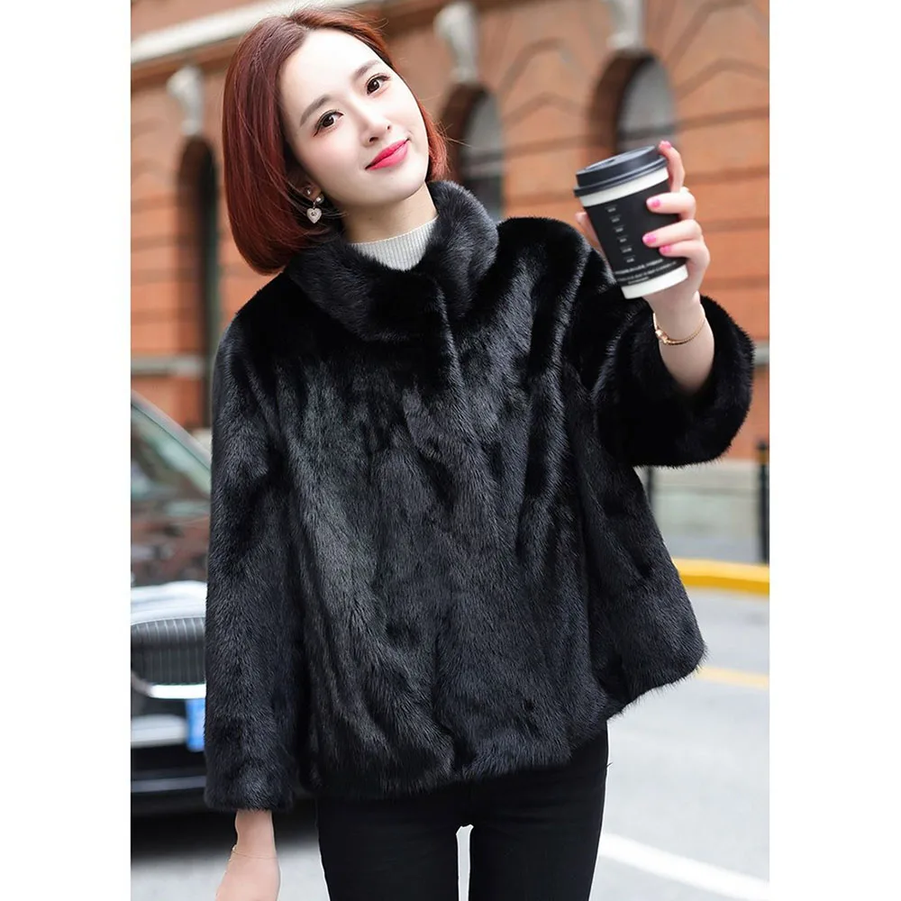 New Imitation Mink Fur Coat Women\'s Slim Stand Collar Short Black Fur Jacket Autumn Winter Loose Ladies Soft Faux Plush Overcoat