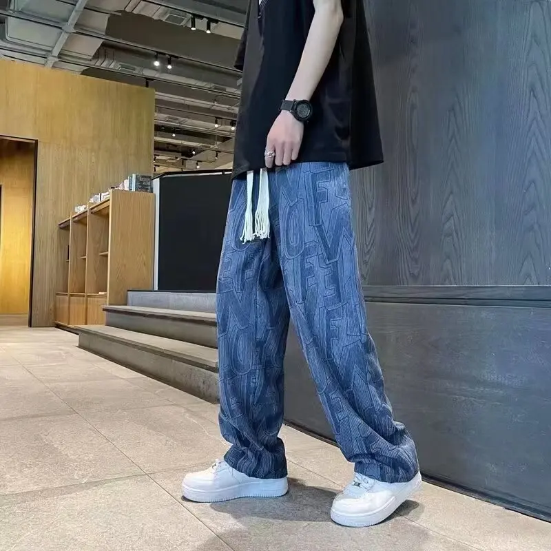 

TRSYPHXM 2025 new American high street lamp core velvet casual pants men's letters retro fashion trend loose straight leg pants