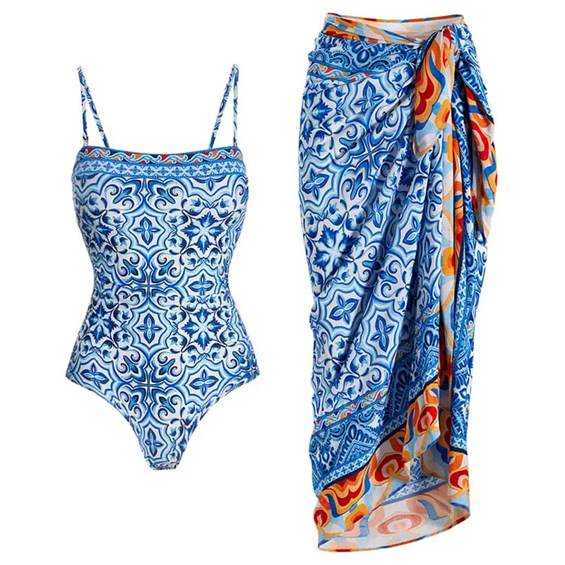 

One-piece Women Floral Swimwear Ethnic Style Blue printed Swimsuit Set Beach Vacation Style Wear Dress Skirt