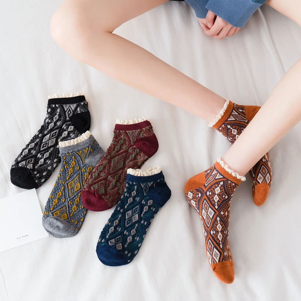 Summer Cotton Breathable Short Socks Korean Plaid Harajuku Retro Lacework Frilly Ruffle Sock Girl Invisible No Show Sock 2023New