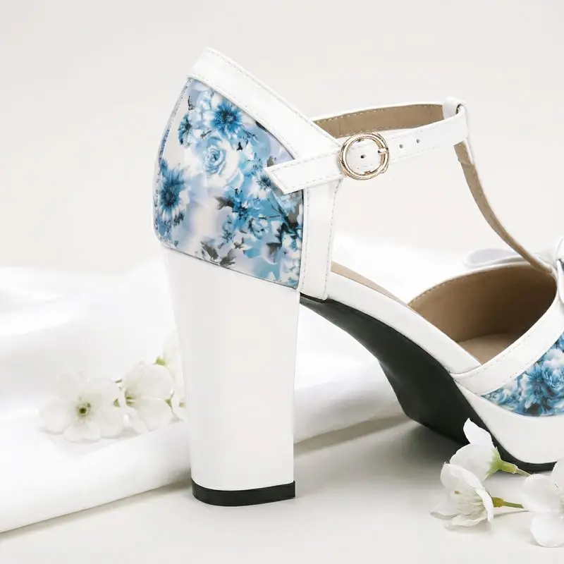 Girseaby Blue Women Sandals Round Toe 9cm Block Heel 2cm Platform Buckle Strap Flower Mixed Color Plus Size 44 45 46 Sexy Shoes view 6