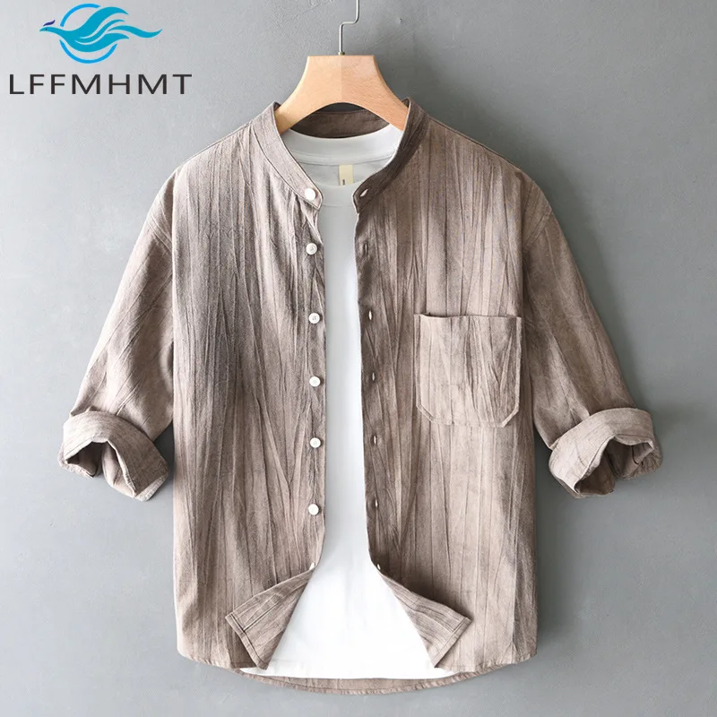 

T221 Summer Fashion Mens Cotton Linen Shirt Retro Casual Half Sleeve Slim Casual Blouse Breathable Leisure Simple Basic Tops