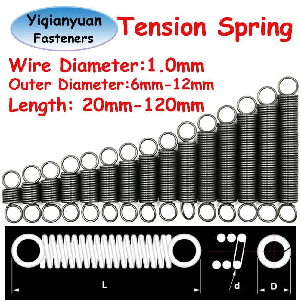 Yiqianyuan Manganese Steel Tension Springs Wire 1.0mm OD6mm-12mm Closed Hook Cylindroid Helical Extension for Hardware Tools