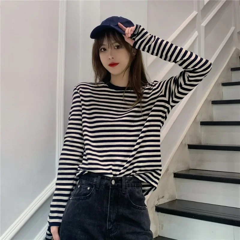 

New Women Striped T-shirts Long Sleeve Spring Autumn Contrast Tops Women Loose Casual Bottoming Shirts New Classic O-neck Tees