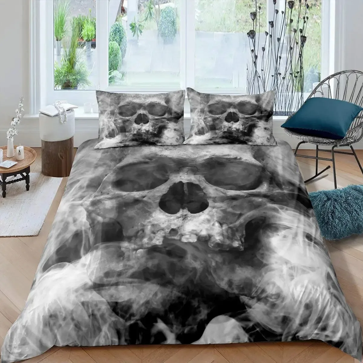 Skull Duvet Cover King, Halloween Comforter Cover,Gothic Fog Smoke Skull Skeleton Bedding Set,Grey Quilt Cover Room Decor