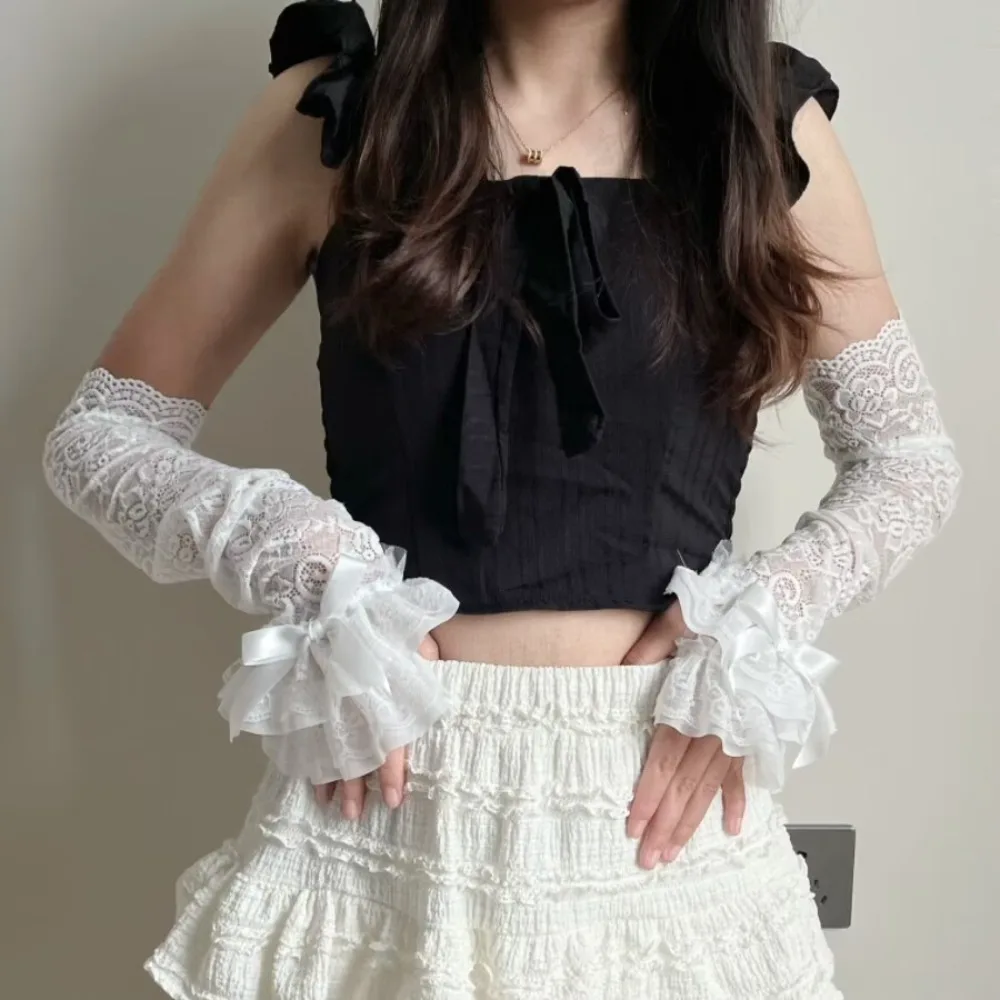 رشيقة الدانتيل Bowknot المرأة كم الحماية من الشمس Y2K الدانتيل أصابع قفازات الجوف خارج قفازات طويلة