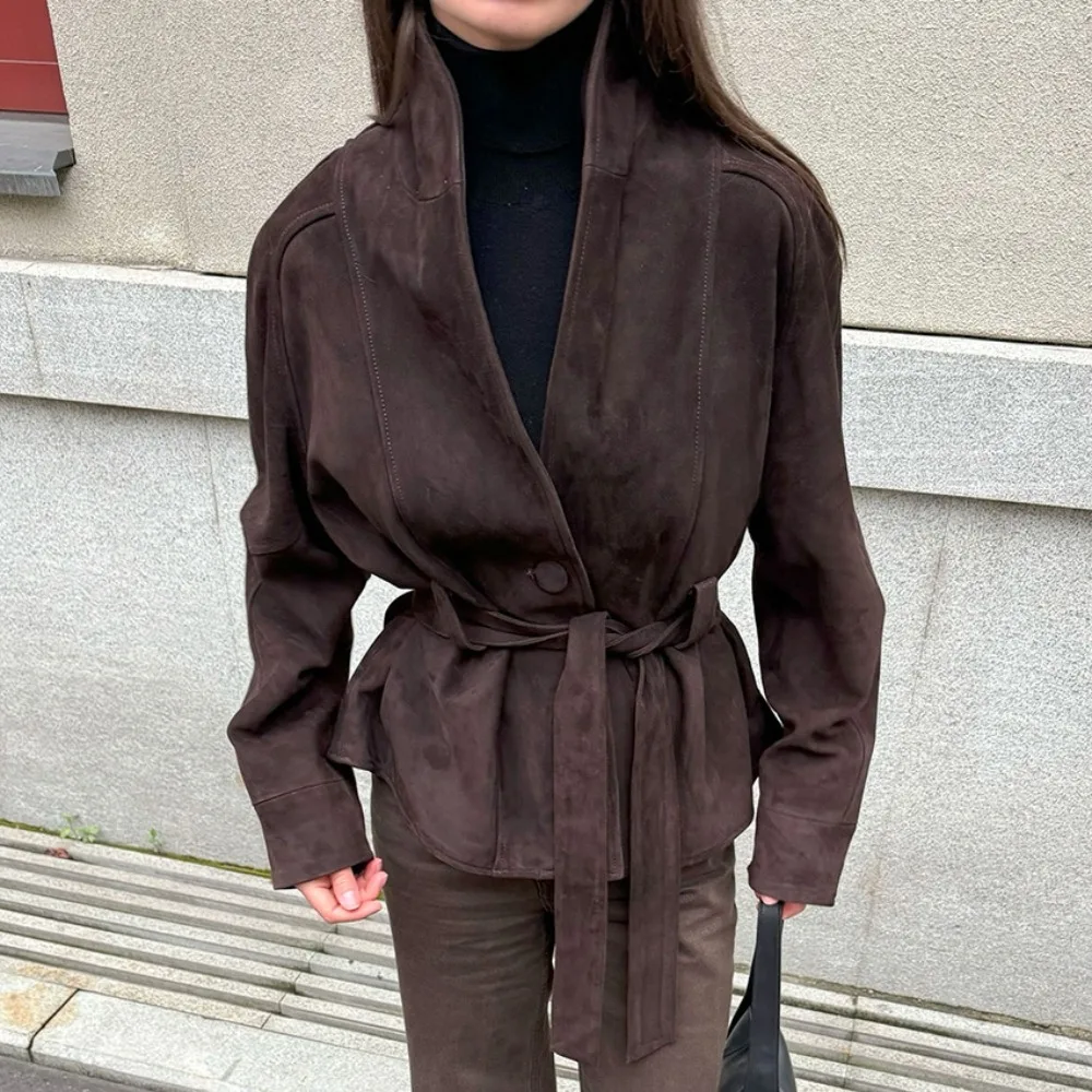 

Retro Frosted Suede Warm Jacket Autumn and Winter Women Fashion Street Commuting Tie Up Slim Office Outdoor Dating Casual Jacket