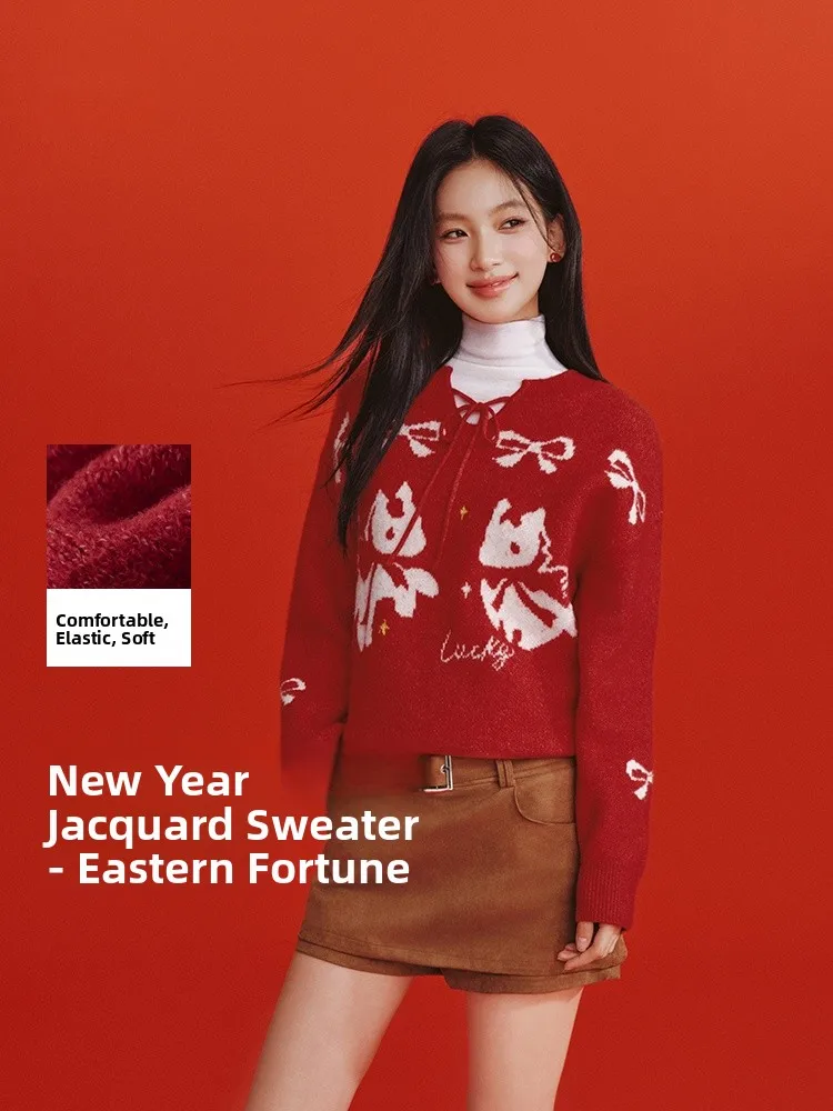 

Semir Women's Loose Knitted Sweater Spring 2026 Red Knot Cute Girl Sle Cotton Blend Long Sve round Ne Top