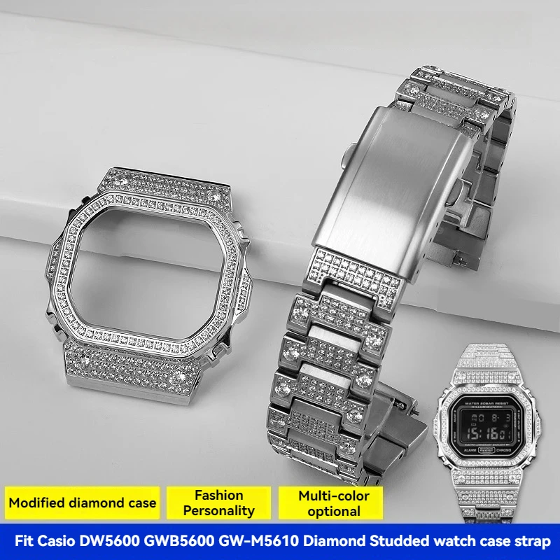 For Casio Watch Modification Diamond Studded Case and Strap DW5600 GW-B5600  DW5610 GW-M5610 Steel Metal Watchband Watch Bezel