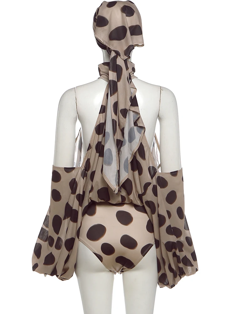 Weird Puss Dot Patchwork-Print-Playsuit + Kopftuch, Damen-Strampler mit Neckholder, schulterfreiem Rückenausschnitt und Laternenärmeln im Street-Fashion-Stil – Detail 5