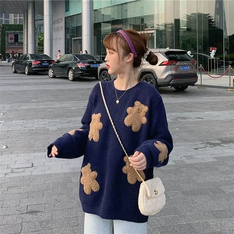 Sweet Cartoon Bear Sweater Women Cute Knitted Pullovers Japanese Harajuku Oversized Knitwears Korean Loose Casual Jumper Tops