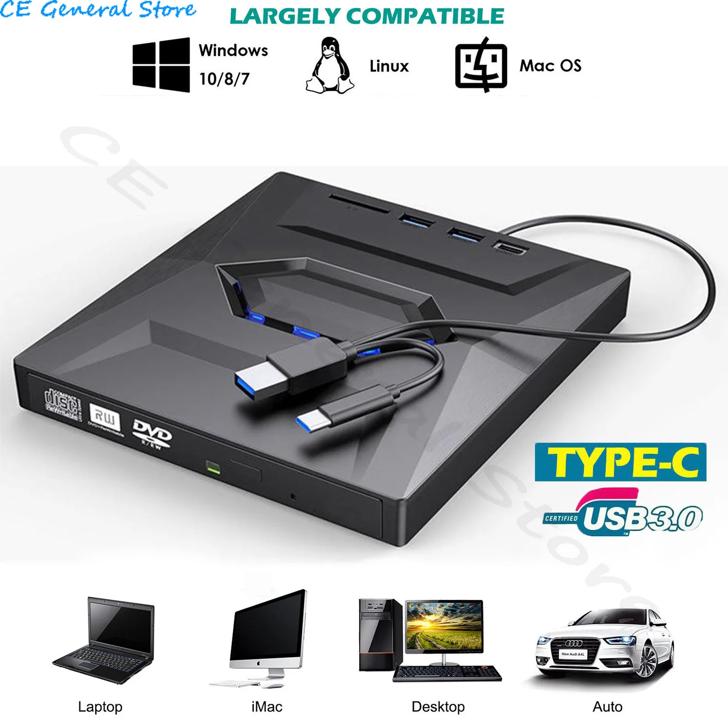 USB 3.0&Type C External DVD Burner Multifunction Card Writer Recorder CD/DVD Player DVD RW Optical Drive MAC OS Window XP/7/8/10