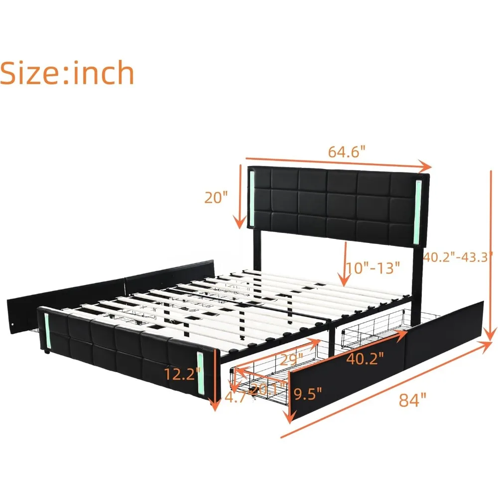 Queen Size Upholstered Platform Bed with LED Lights and USB Charging, Linen Frabic Wooden Bedframe with 4 Storage Drawers