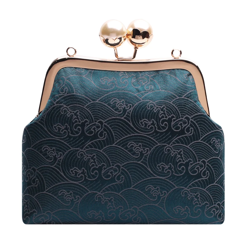 Lost in Vintage Bridal Clutch Purse Made From Mermaid Feathers Brocade Fabric Gold Frame Pearl Kiss Lock Clasp Formal Party
