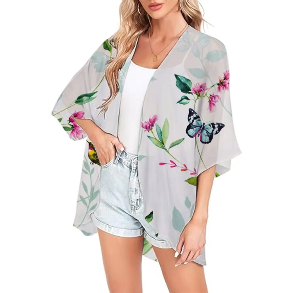 2025 New Fashion Bohemian Kimono Beach Swimwear Open Front Tops Tees Kimono Cardigan Tops Chiffon Cover Up Summer Beach Party