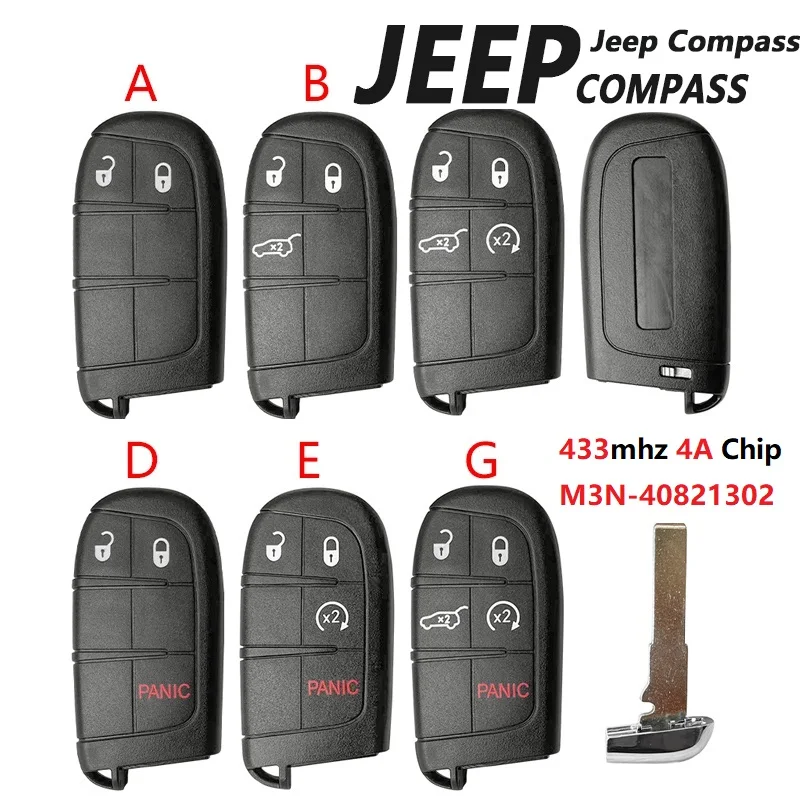 

CN086038 2/3/4/5BT Smart Remote Control Key 433mhz 4A Chip Keyless Entry SIP22 Blade For Jeep Compass M3N-40821302