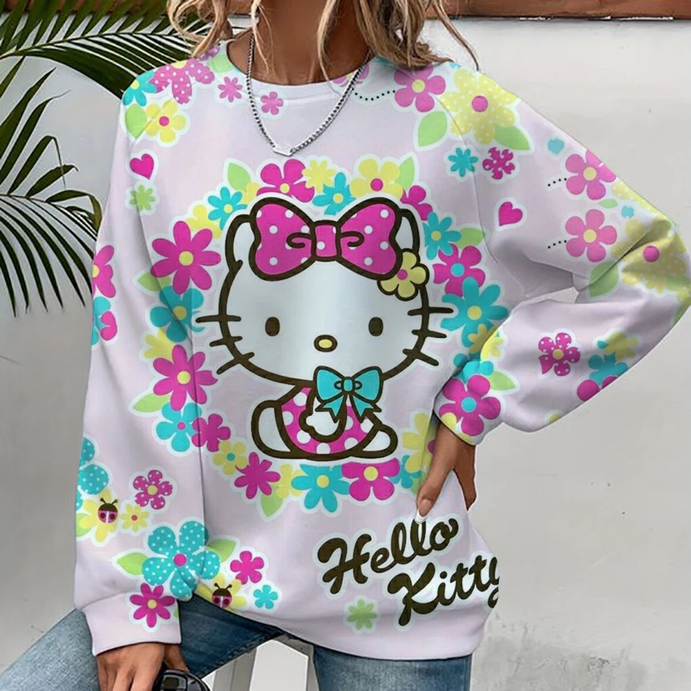 Moletom feminino estampado Hello Kitty, moletom feminino High Street, roupas com padrão Y2K, suéter casual com gola redonda