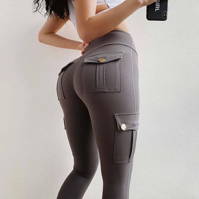 

Women's Fitness Cargo Pants with Pocket Leggings Solid High Waist Push Up Polyester Workout Leggings Cargo Pants Casual Pants