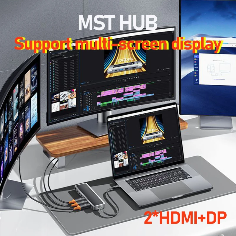 Hub Tipe c HD ganda DP 4k 60hz thunderbolt dock mst hub usb c ke 2 hdmi stasiun dok untuk Aksesori laptop apple macbook pro