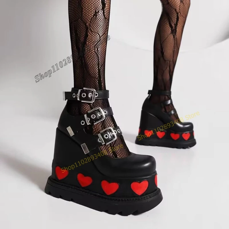 Black Heart Shaped Buckle Strap Pumps Platform Thick Soled Mixed Color Y2K Women Shoes 2023 Fashion Sexy Zapatos Para Mujere