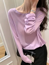 Summer Women's Long Sleeve Knit T-shirt Ultra Thin Sun Protection Micro Transparent Round Neck Top 100% Lyocell Striped Jumper