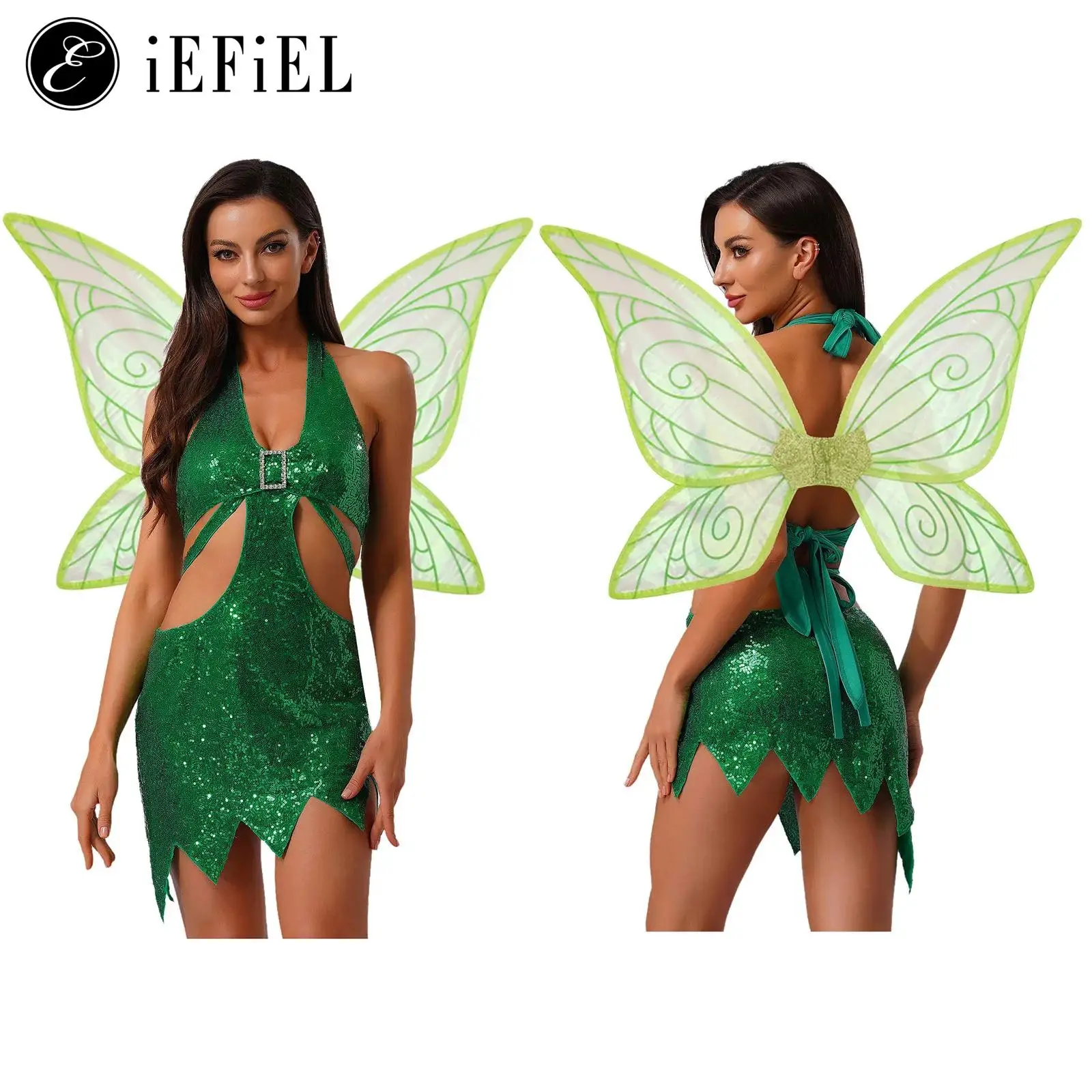 

Woman‘s Sexy Forest Elf Cosplay Costume Sequins Halter Cutout Bodycon Dress with Wings Halloween Carnival Festival Dress-up