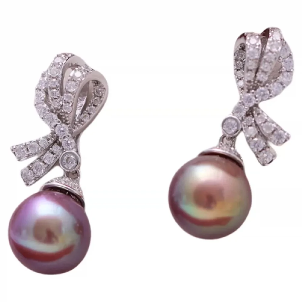 Beautiful AAAA9-10mm 10-11mm South  Sea purple circular bow earrings 925s