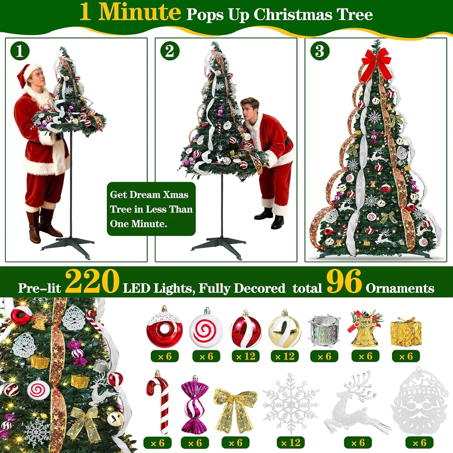 6.5 FT Prelit Pop Up Christmas Tree with 220 Warm White & Multicolor Lights 8 Modes & Timer Fully Decorated 103 Ornaments, Colla