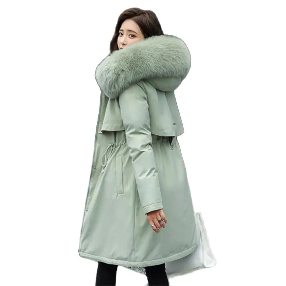 Jaqueta puffer longa de grande envergadura feminina com gola de pele falsa, Parkas de forro quente, casaco feminino, novo, 2024, inverno