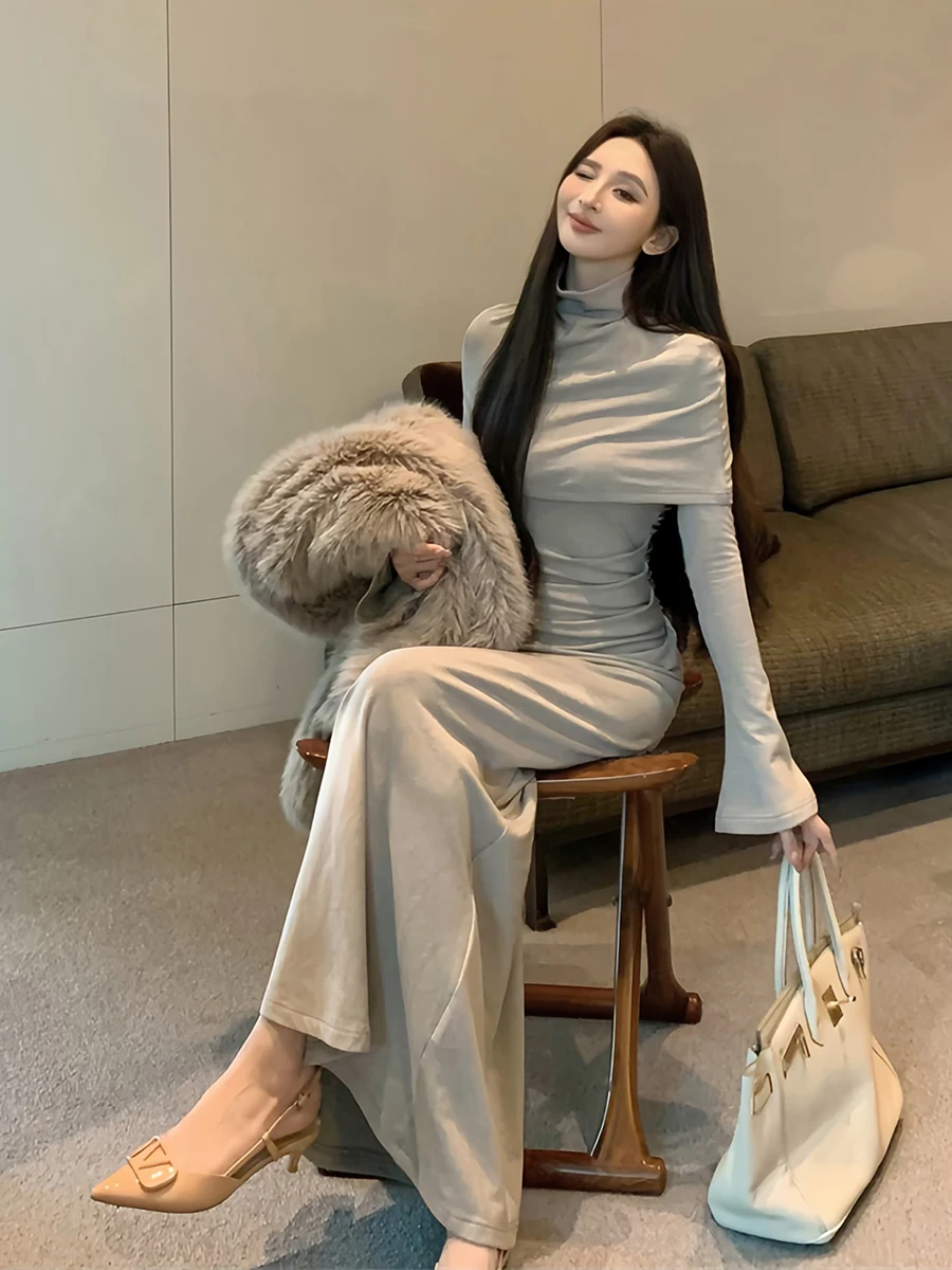 REDDACHiC Autumn Shrug Dress Set Knit Neckwarmer V-neck Bell Sleeve Solid Shirring Maxi Long Mermaid Dress Elegant Women Clothes