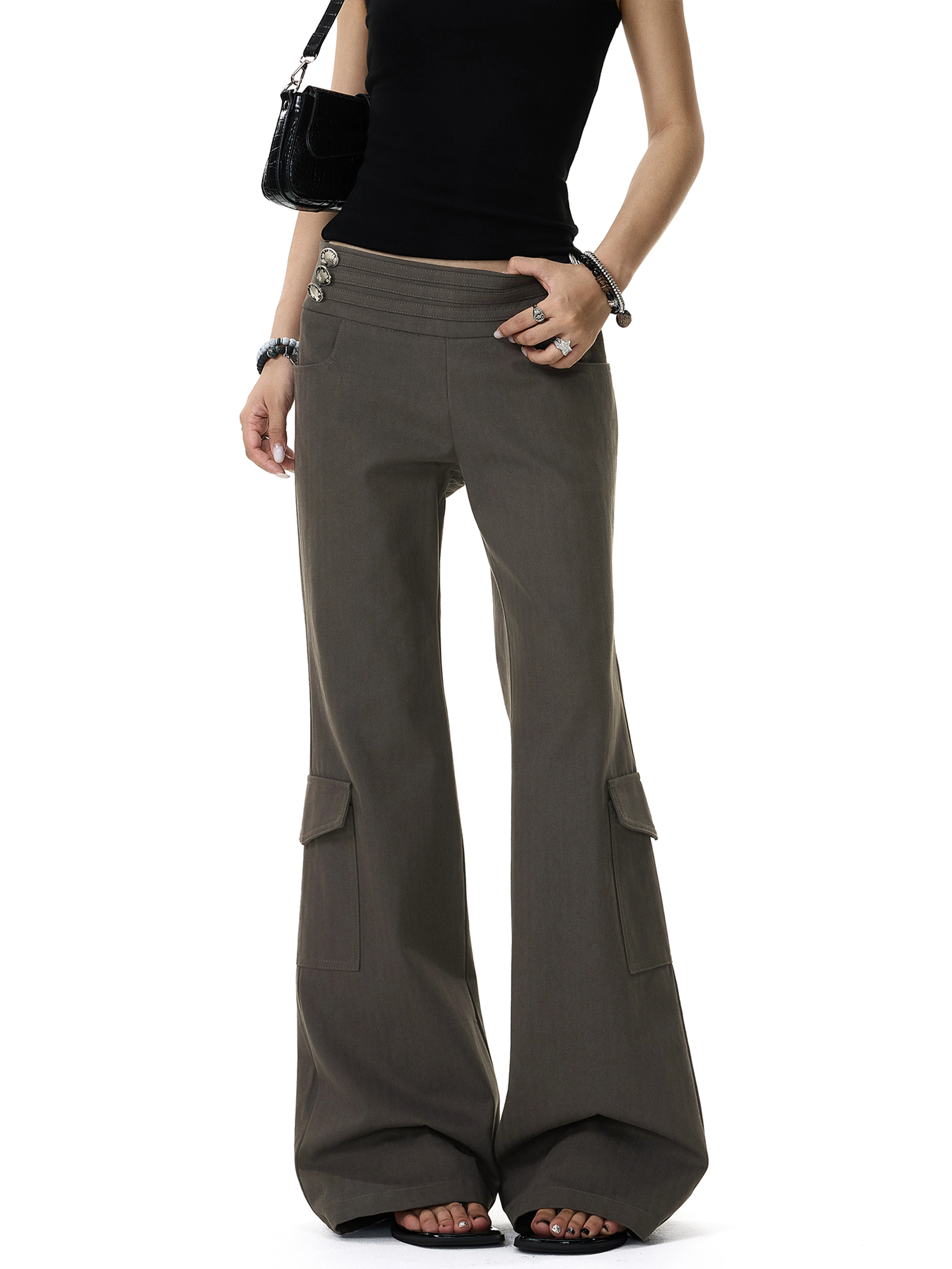 Retro American Spicy Girl Metal Buckle Decorative Flared Casual Pants Slimming Low Waist Long Trousers Versatile Workwear Style
