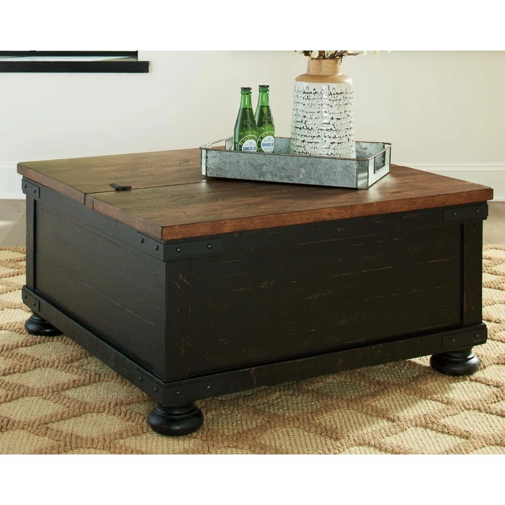 Valebeck Farmhouse Lift Top Coffee Table with Storage, Distressed Brown & Black Finish