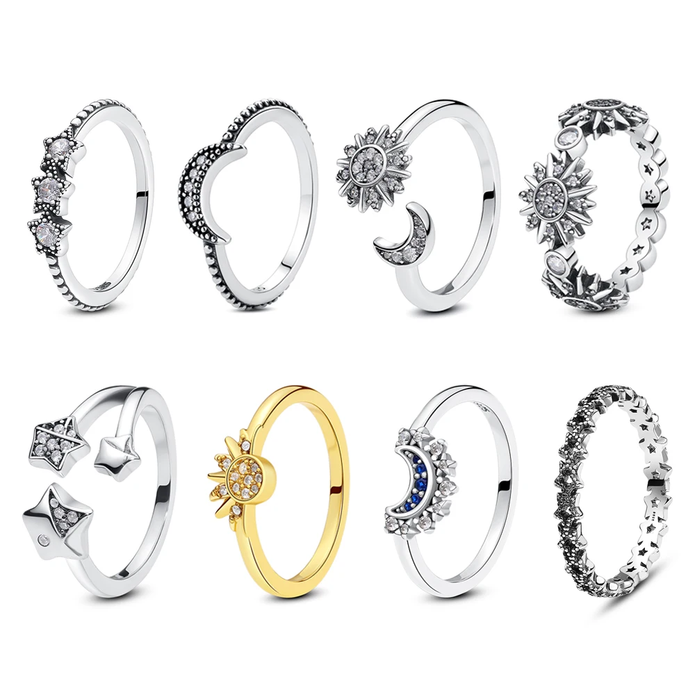 Anillos de plata de ley 925 originales para mujer, Luna, estrellas, cristales de sol, anillo de oro, amor, compromiso, anillo de boda, joyería de lujo