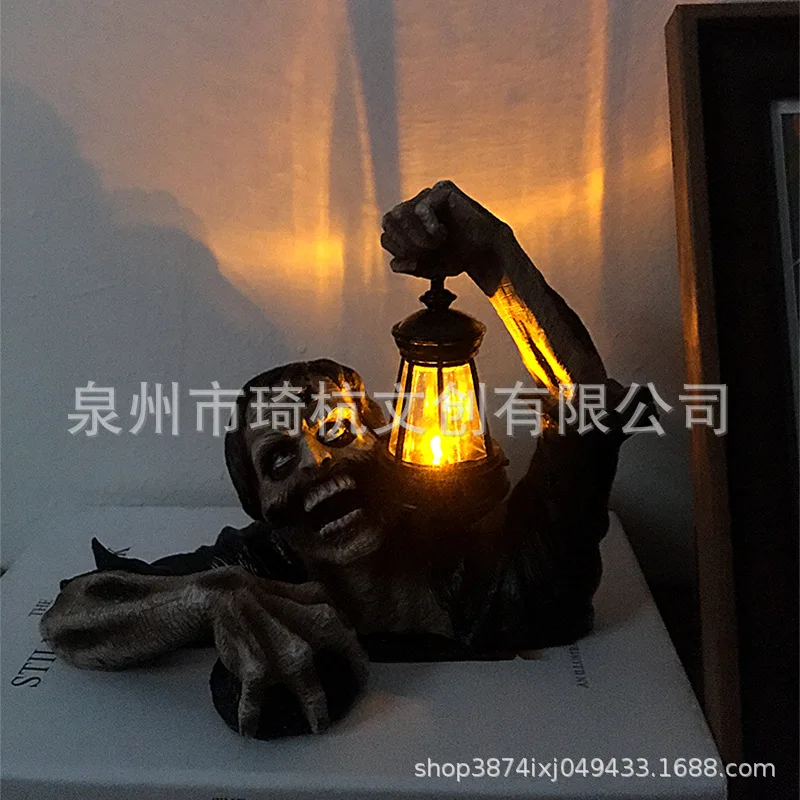 Realistic Lantern Zombie Garden Statue Figure Mini Sculpture Home Desktop Decor Resin Craft Art