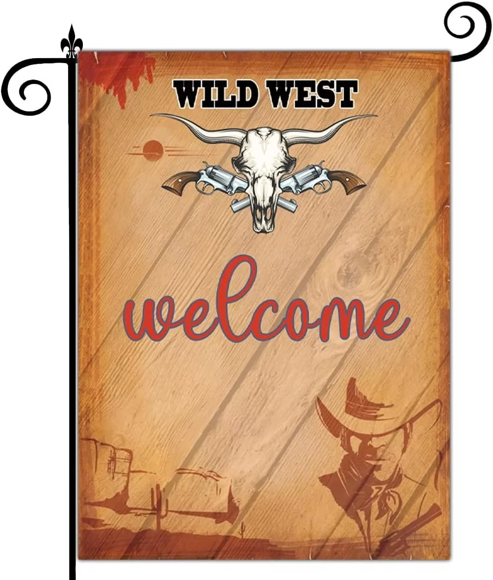Western Cowboy Welcome Garden Flag with Vintage Illustration Cowboy Reunion Weather Resistant Two Sided Printing