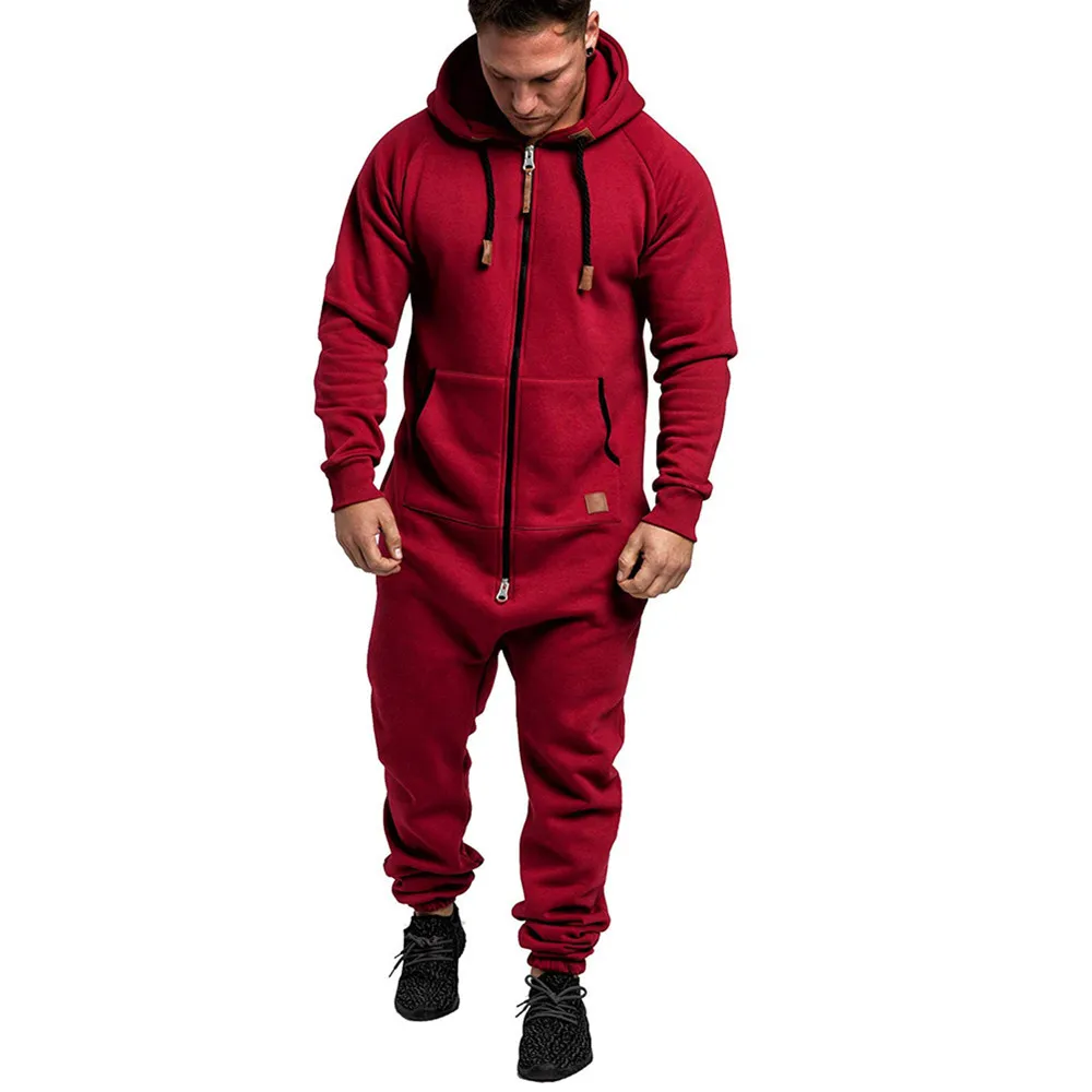 New Foreign Trade Men\'s Hooded Fleece Jumpsuit Solid Color Contrast Casual Men\'s Suit Jumpsuit