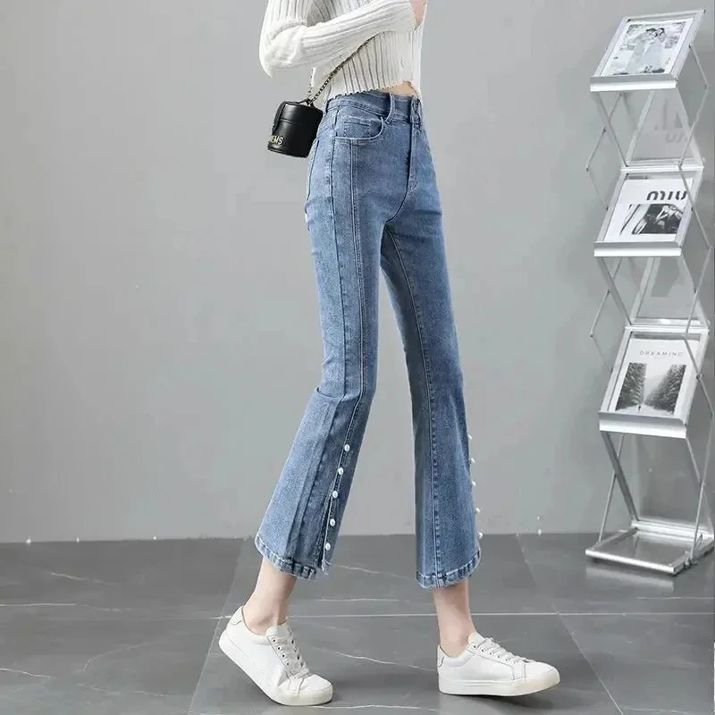 

Chic Pearl Split Design Flare Jeans Women Korean Fashion Skinny Ankle Length 84-88cm High Waist Denim Trousers Capris LJ33