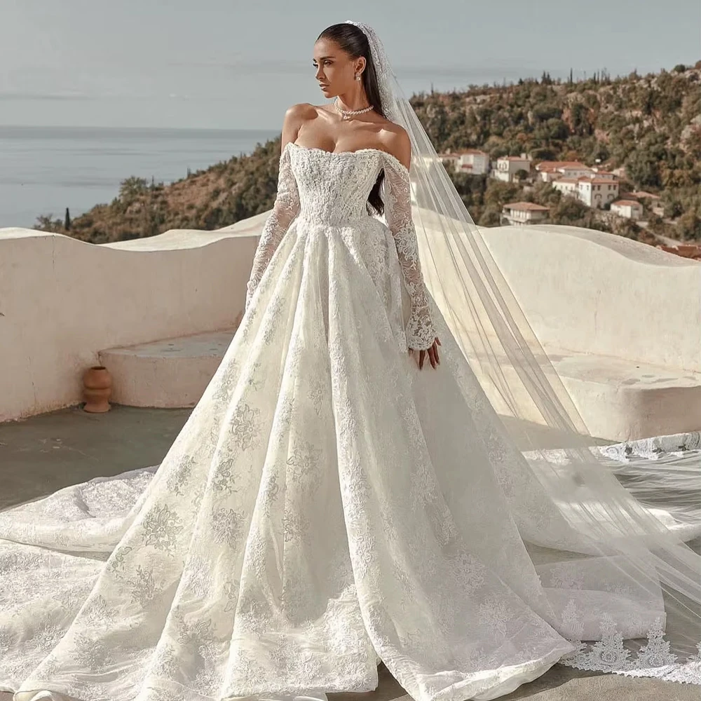 فستان زفاف دانتيل مخصص للنساء كم طويل Estilo Princesa Elegantes أبيض مفصل فستان زفاف Abiti