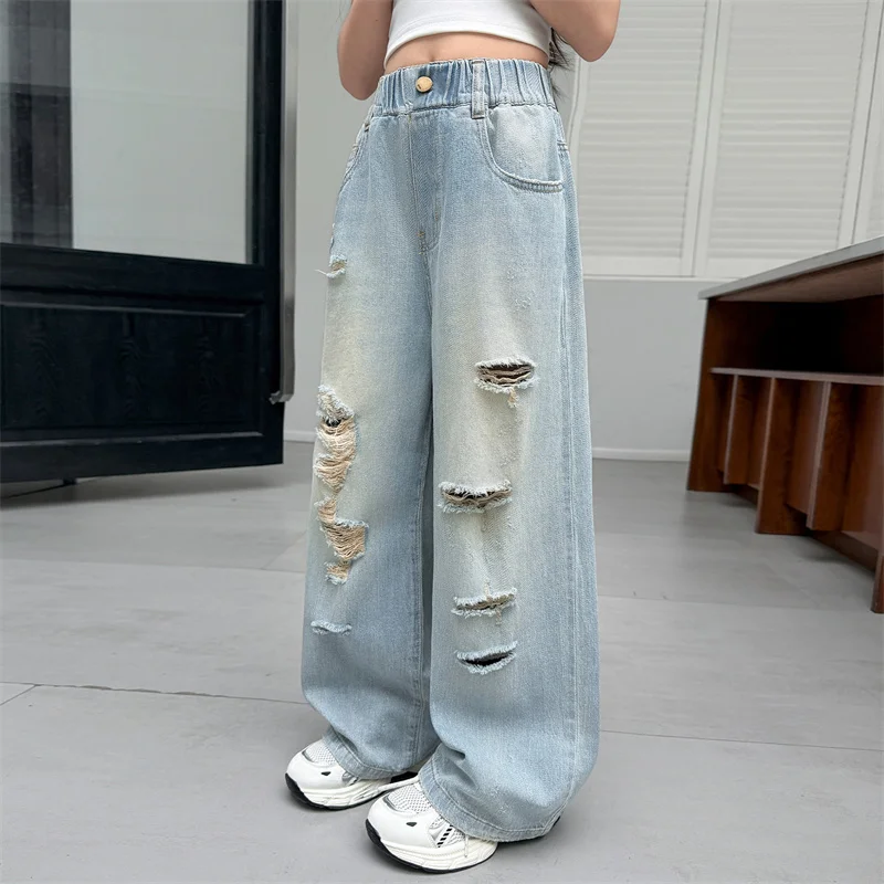 Summer Big Girls Jeans Casual Loose Ripped Hole Young Children Wide Leg Pants 8 10 12 13 14 Years Teen School Kids Thin Trousers