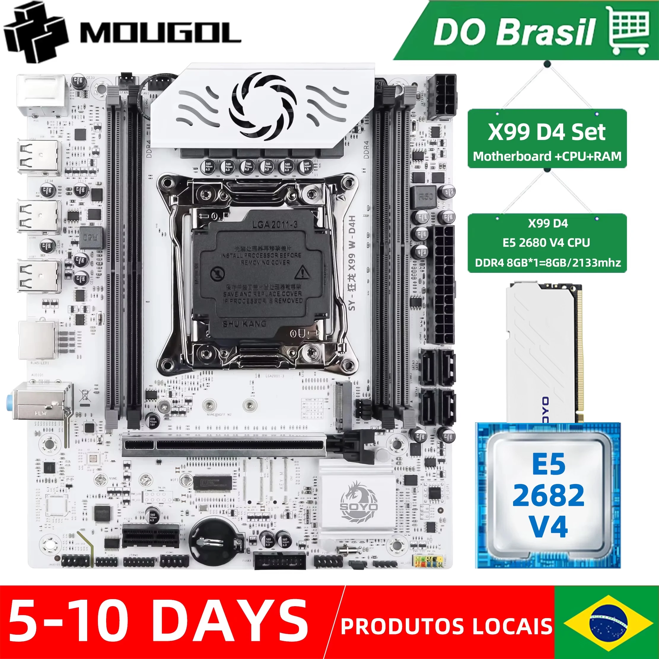 Placa-mãe MOUGOL X99 LGA 2011-3 XEON X99 com Intel E5 2682 V4 e Kit Combo de Memória DDR4 2133MHz 1*8GB (8GB) com M.2 NVMe