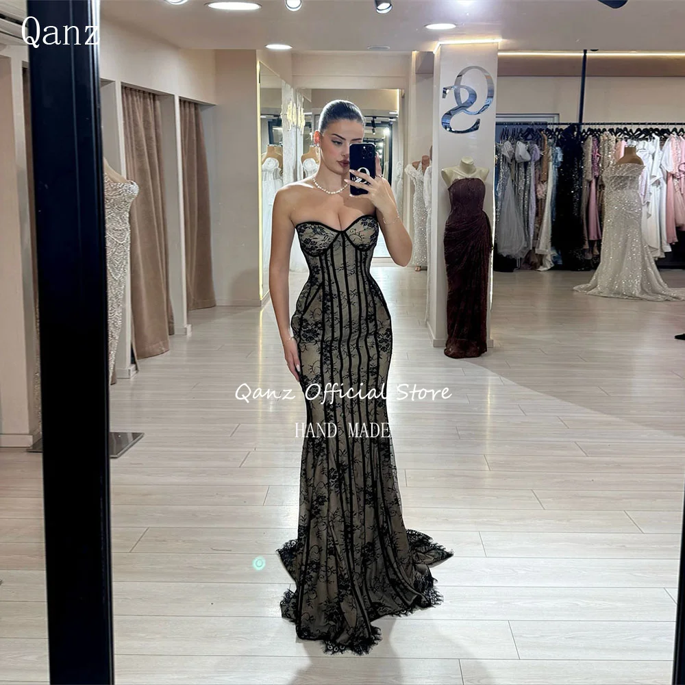 

Qanz Formal Mermaid Evening Dresses Sweetheat Black Lace Flesh Colored Lining Robes De Soirée Vestidos De Fiesta Customized