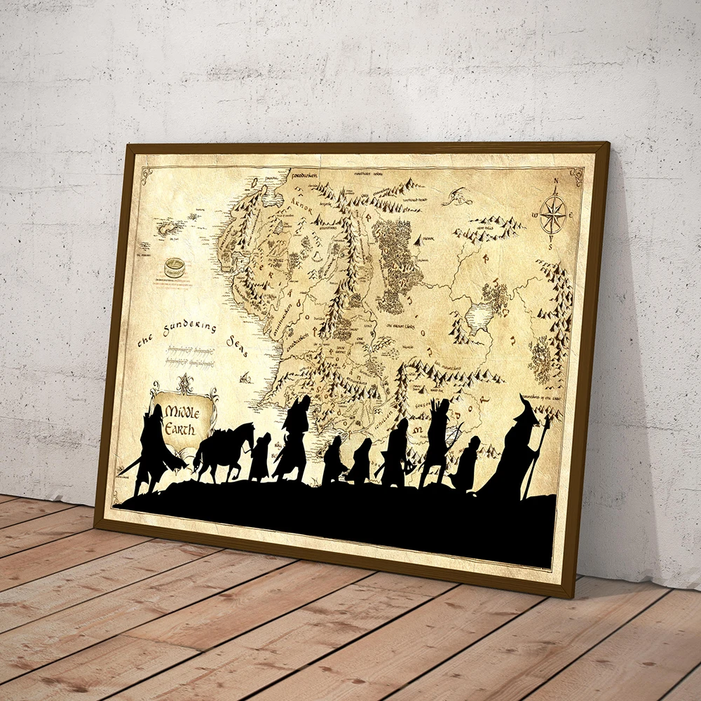 Vintage Middle Earth Map Ring Movie Magic Kids Gift Room Canvas Print Fantasy Horizontal Film Retro Poster Painting Home Decor