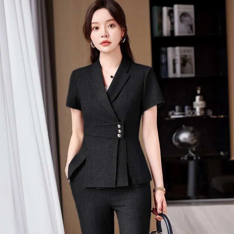 Summer Fabric Professional Women Business Suit with Pants and Jackets Coat Pantsuits Blazers Ladies Work Wear Trousers Set