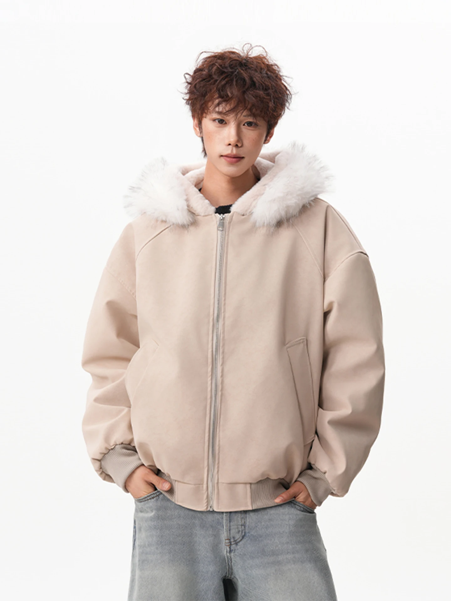 Jaket Kulit PU Pria Model Hoodie Berlapis Bulu, Gaya Kasual Trendy, Hangat untuk Musim Dingin, Model Longgar Amerika