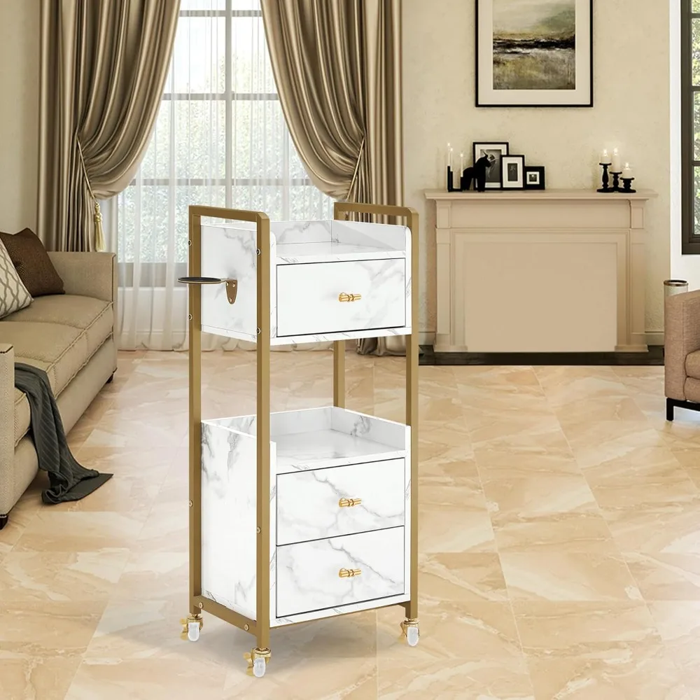 

Salon Cart with Lockable Wheels, Acetone Resistant Storage Barber Trolley with 1 Hair Dryer Holder & Drawers