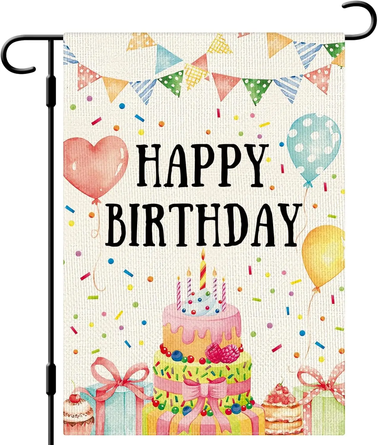 DLZDN Happy Birthday Garden Flag 12×18 Inch Double Sided Vertical Burlap Birthday Cake Banner Yard Flag Outdoor Decor