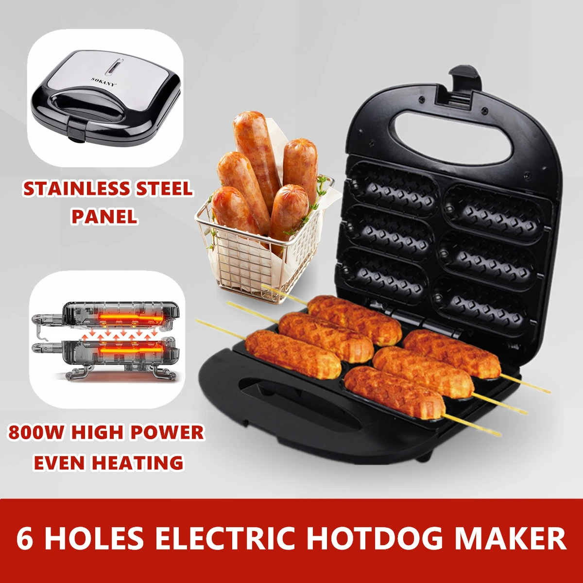 Household Hot Dog Maker 6 Holes Multifunctional Breakfast Waffle Machine Sausage Machine Hotdog Cooker Baking Pan for Kitchen