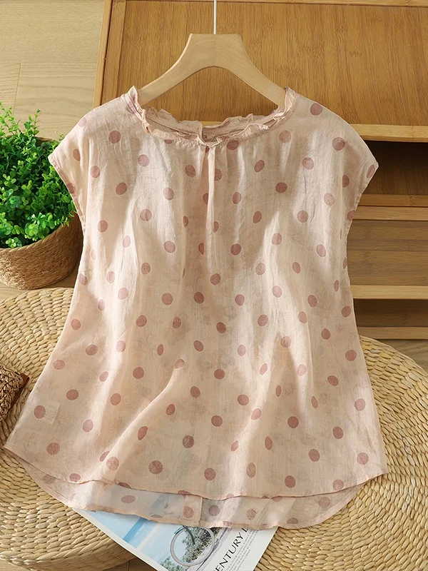 

Cotton Linen Shirt Women Summer Lightweight Cool Feeling Button up Fly Sleeve Ear Look Collar Artistic Style Age Reducing Dot...
